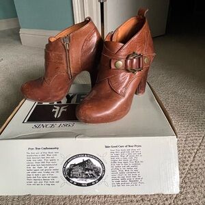 Frye Women's Brown Leather Buckle Heeled Boots